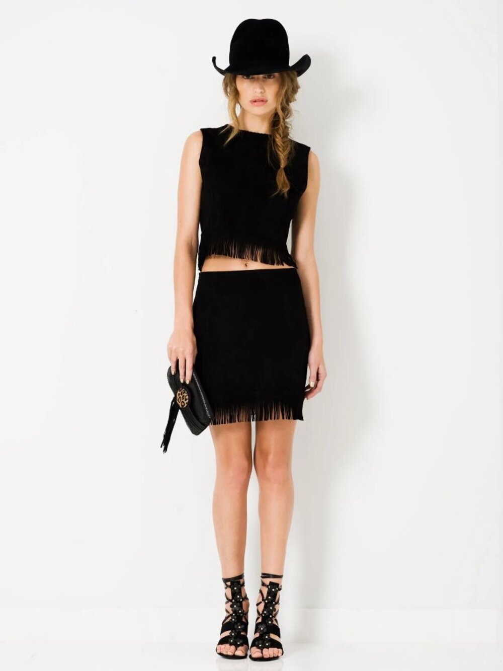Tamara Mellon fall 2014 collection Black Suede Fringe Crop Top